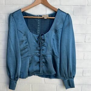 I. Madeline Blue Satin Lace Up Hook and Eye Cuff Sleeves Short Top Blouse -sz M